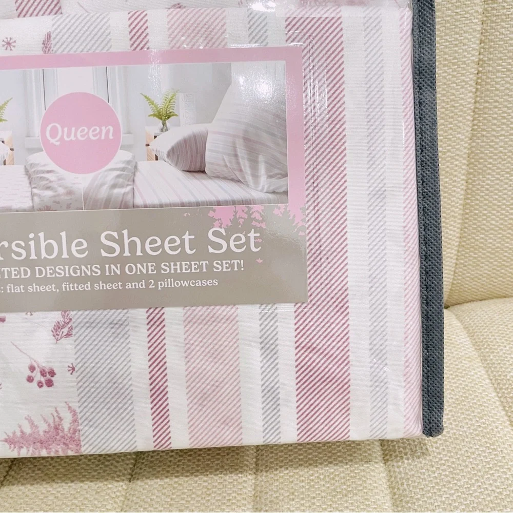 NEW Queen Reversible Sheet Set White Pine Tree Stripe 4pc Winter Holiday Bedding